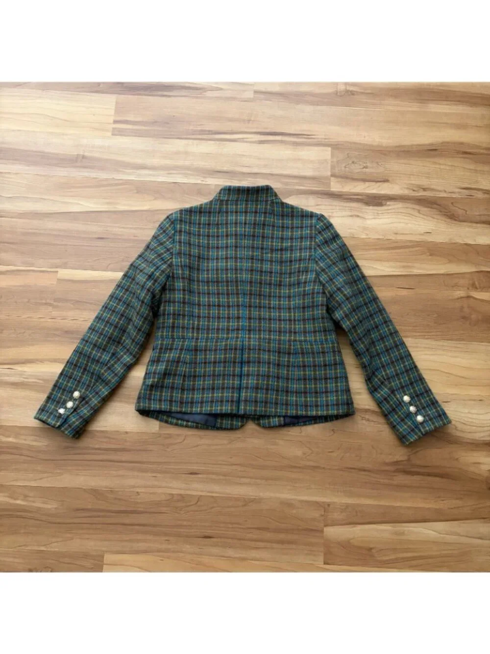 Talbots Shetland Officer Jacket 6P Green Plaid Wool Blend Gold Buttons